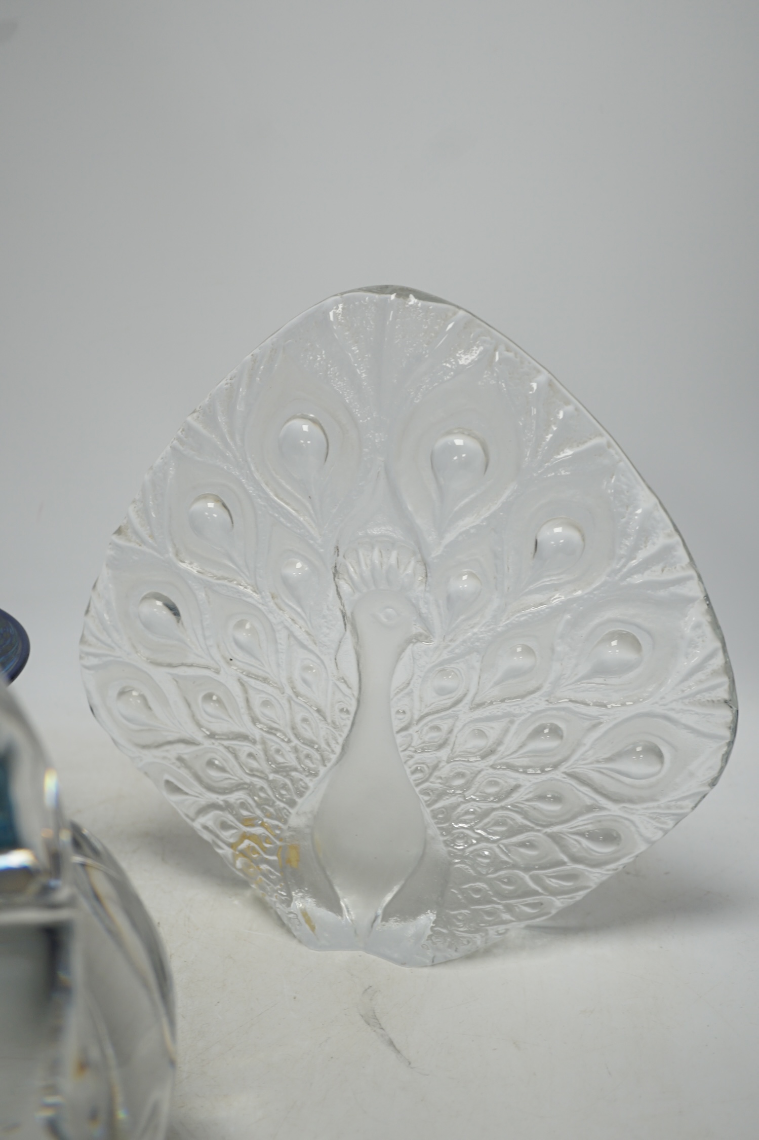 A pair of Orrefors glass cockerels, a peacock and an Isle of Wight bowl, largest 24cm high. Condition - good